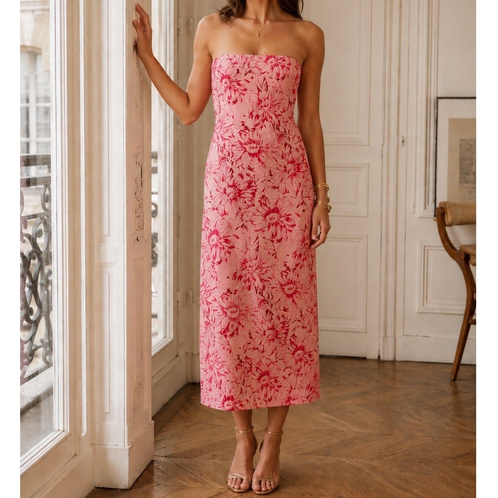 NEW LUSANA Pink Red Azalea Floral Print Strapless Midi Dress‎ Size Large